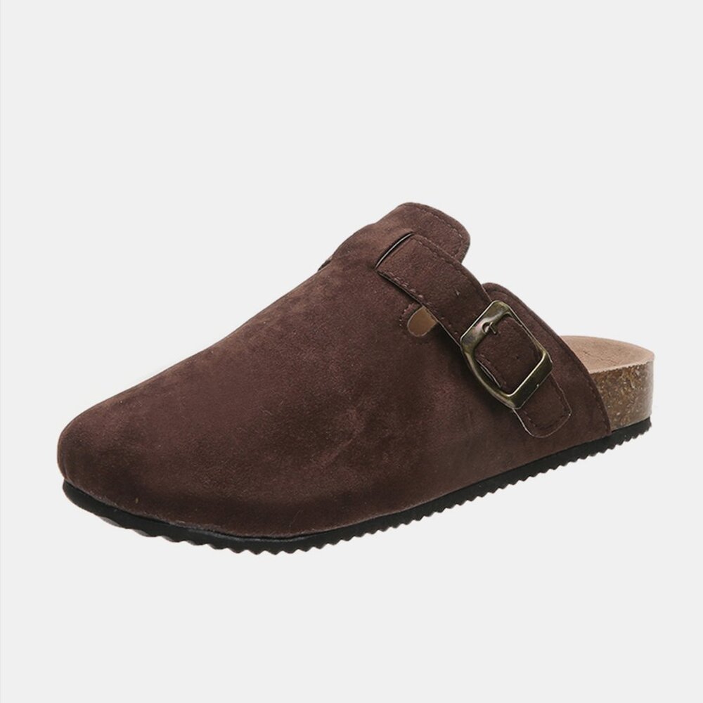 Suede Closed Toe Buckle Slide in Chocolate